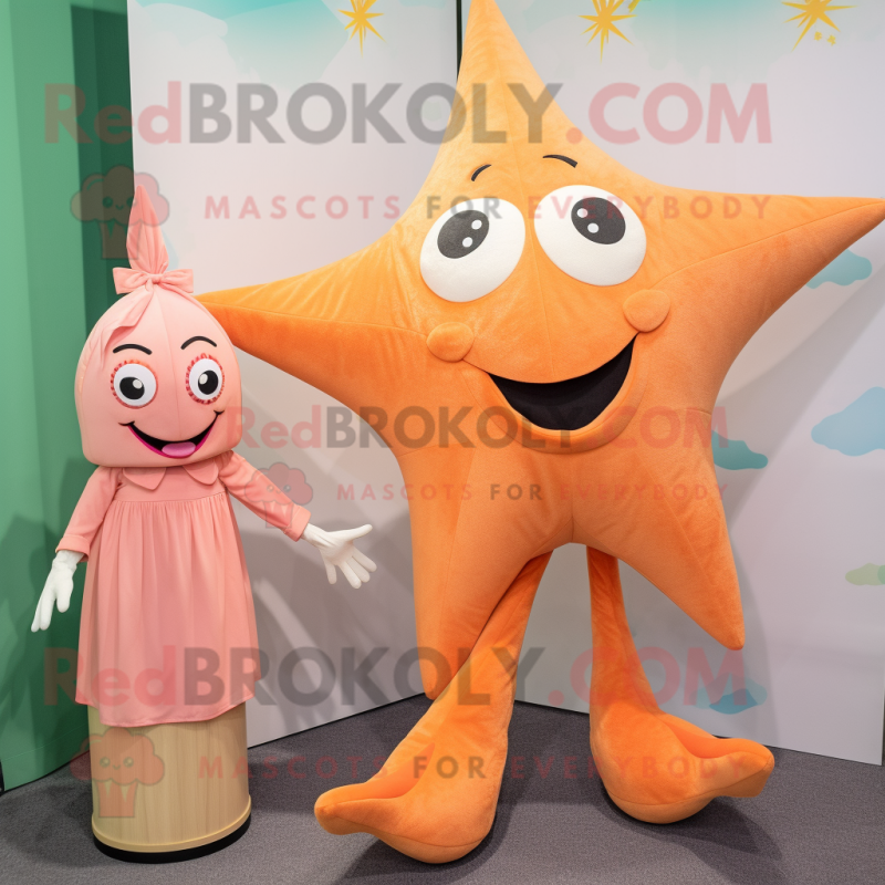 Peach Starfish mascot costume character dressed with a Shift Dress and Pocket squares