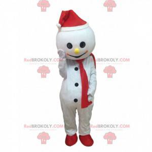 Mascota de muñeco de nieve blanco con sombrero y bufanda -