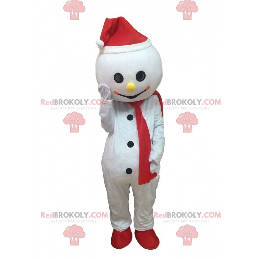 Mascotte de bonhomme de neige blanc avec un bonnet et une