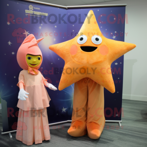 Peach Starfish mascot costume character dressed with a Shift Dress and Pocket squares