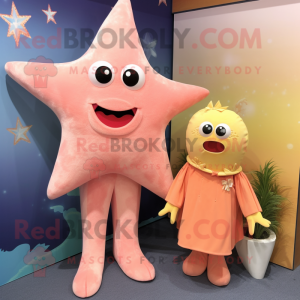 Peach Starfish mascot costume character dressed with a Shift Dress and Pocket squares