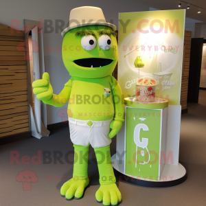 Lime Green Wedding Cake mascot costume character dressed with a Board Shorts and Cufflinks
