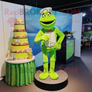 Lime Green Wedding Cake mascot costume character dressed with a Board Shorts and Cufflinks