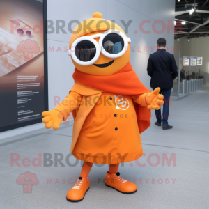 nan Orange mascot costume character dressed with a Coat and Sunglasses
