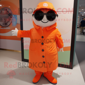 nan Orange mascot costume character dressed with a Coat and Sunglasses