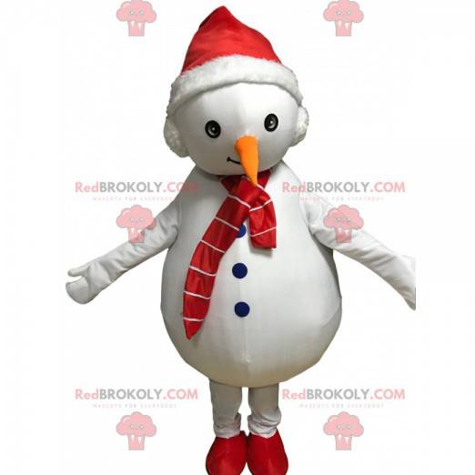 Mascotte de bonhomme de neige blanc avec un bonnet et une