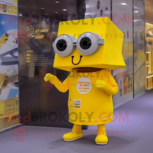 Yellow Camera mascot costume character dressed with a Long Sleeve Tee and Reading glasses