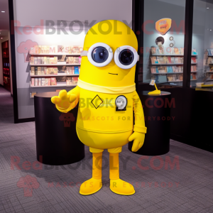 Yellow Camera mascot costume character dressed with a Long Sleeve Tee and Reading glasses