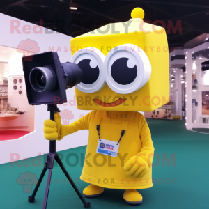 Yellow Camera mascot costume character dressed with a Long Sleeve Tee and Reading glasses