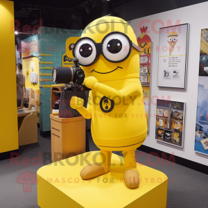 Yellow Camera mascot costume character dressed with a Long Sleeve Tee and Reading glasses