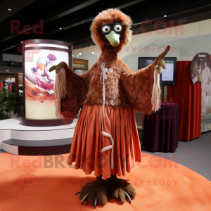 Rust Ostrich mascot costume character dressed with a Maxi Skirt and Shawl pins