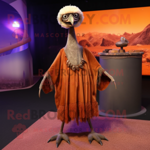 Rust Ostrich mascot costume character dressed with a Maxi Skirt and Shawl pins