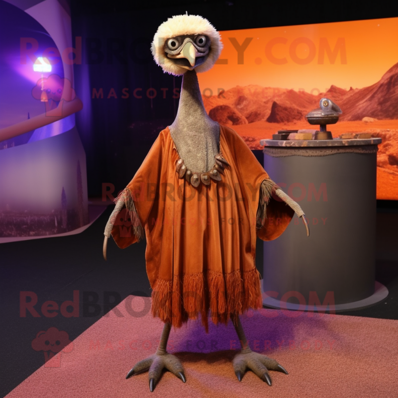 Rust Ostrich mascot costume character dressed with a Maxi Skirt and Shawl pins Rust Ostrich mascot costume character dressed with a Maxi Skirt and Shawl pins