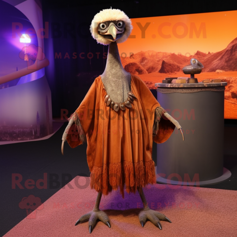 Rust Ostrich mascot costume character dressed with a Maxi Skirt and Shawl pins