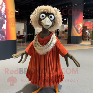 Rust Ostrich mascot costume character dressed with a Maxi Skirt and Shawl pins