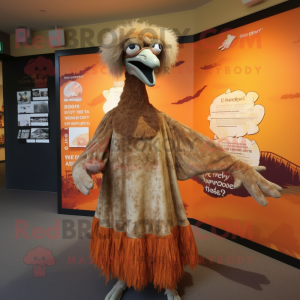 Rust Ostrich mascot costume character dressed with a Maxi Skirt and Shawl pins