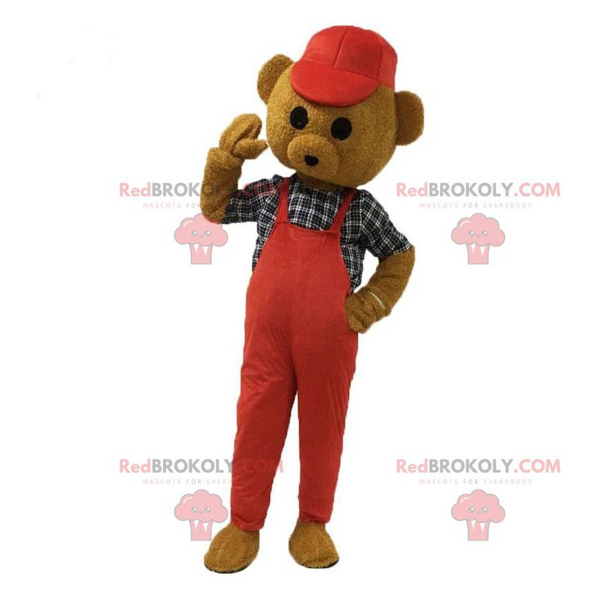 Hnědý medvídek maskot oblečený v červené barvě s víčkem -