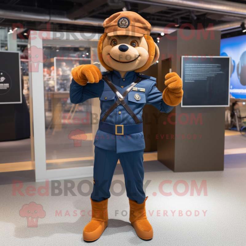 Rust Navy Soldier mascot costume character dressed with a Yoga Pants and Lapel pins Rust Navy Soldier mascot costume character dressed with a Yoga Pants and Lapel pins