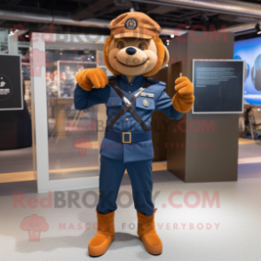 Rust Navy Soldier mascot costume character dressed with a Yoga Pants and Lapel pins