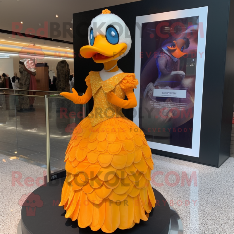 Orange Duck mascot costume character dressed with a Ball Gown and Bracelet watches Orange Duck mascot costume character dressed with a Ball Gown and Bracelet watches