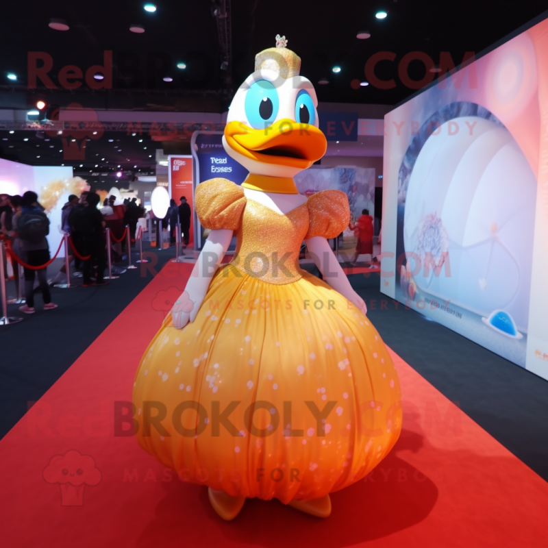 Orange Duck mascot costume character dressed with a Ball Gown and Bracelet watches