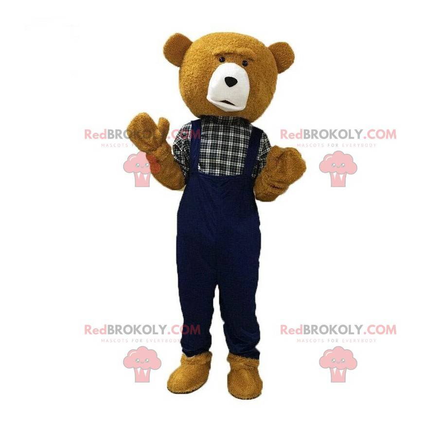 Mascote urso de pelúcia marrom, vestido de macacão -