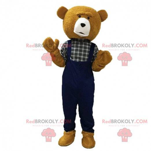 Mascotte bruine teddybeer, gekleed in een overall -