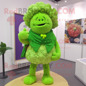 Lime Green Cauliflower mascot costume character dressed with a V-Neck Tee and Shawl pins