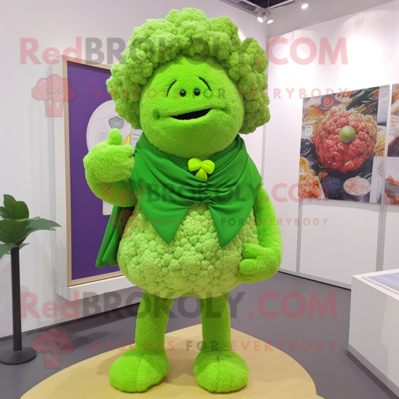 Lime Green Cauliflower mascot costume character dressed with a V-Neck Tee and Shawl pins Lime Green Cauliflower mascot costume character dressed with a V-Neck Tee and Shawl pins