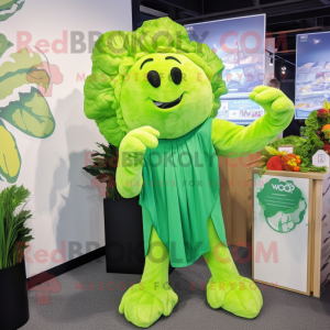 Lime Green Cauliflower mascot costume character dressed with a V-Neck Tee and Shawl pins