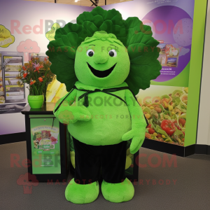 Lime Green Cauliflower mascot costume character dressed with a V-Neck Tee and Shawl pins