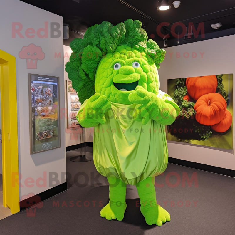 Lime Green Cauliflower mascot costume character dressed with a V-Neck Tee and Shawl pins