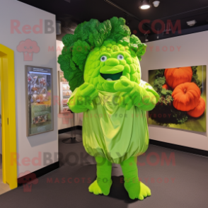Lime Green Cauliflower mascot costume character dressed with a V-Neck Tee and Shawl pins