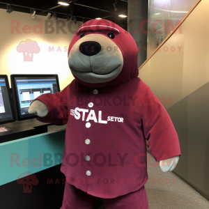 Maroon Stellar'S Sea Cow mascot costume character dressed with a Button-Up Shirt and Lapel pins