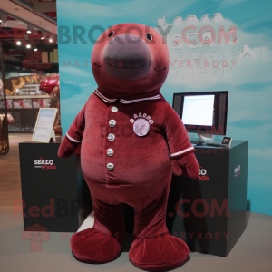 Maroon Stellar'S Sea Cow mascot costume character dressed with a Button-Up Shirt and Lapel pins