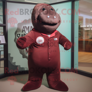 Maroon Stellar'S Sea Cow mascot costume character dressed with a Button-Up Shirt and Lapel pins