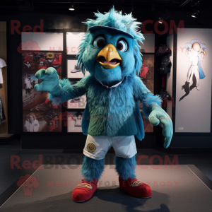 Cyan Harpy mascot costume character dressed with a Denim Shorts and Caps