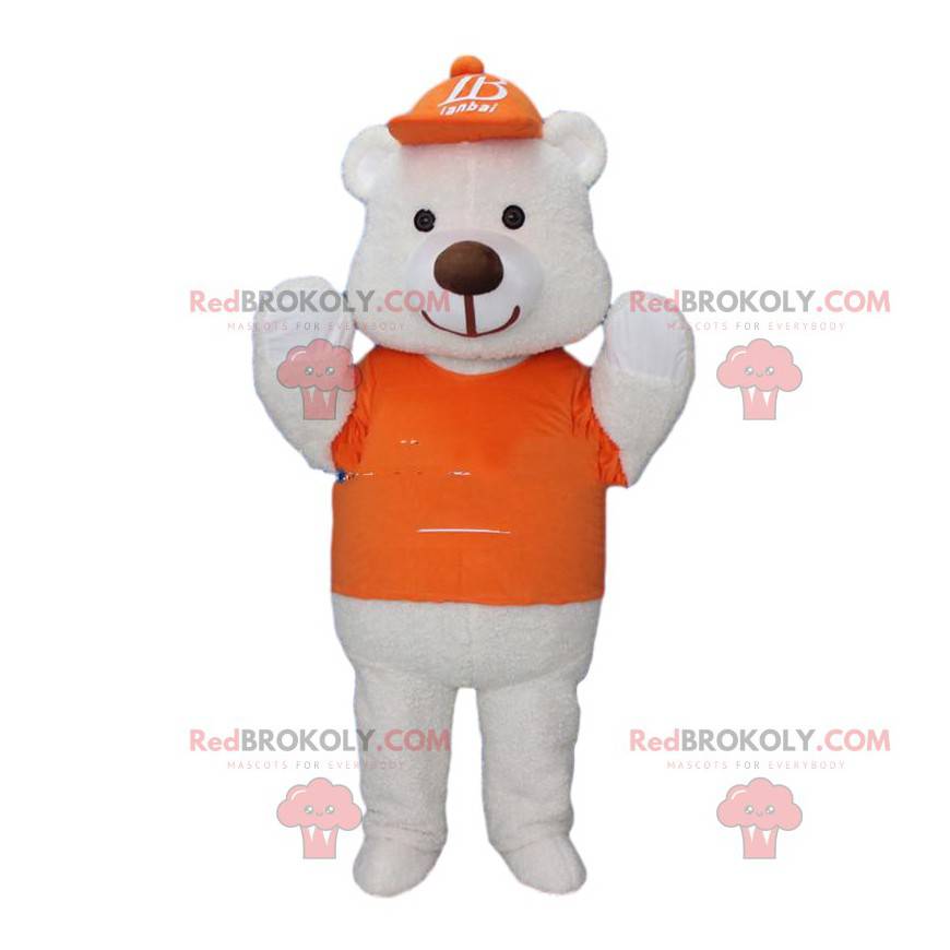 Mascote grande urso branco vestido de laranja com um boné -