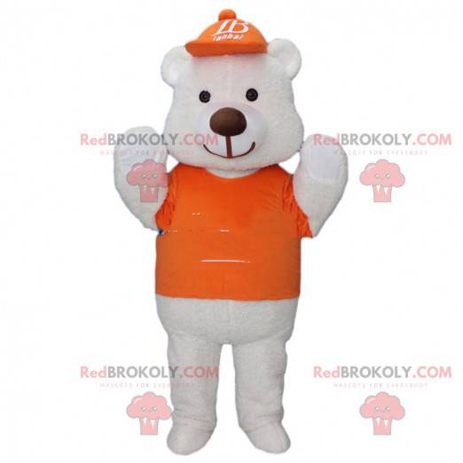 Big white bear mascot dressed in orange with a cap -