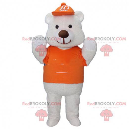 Mascotte de gros ours blanc habillé en orange avec une