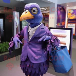 Purple Guinea Fowl mascot costume character dressed with a Cover-up and Briefcases