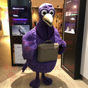 Purple Guinea Fowl mascot costume character dressed with a Cover-up and Briefcases