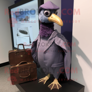 Purple Guinea Fowl mascot costume character dressed with a Cover-up and Briefcases