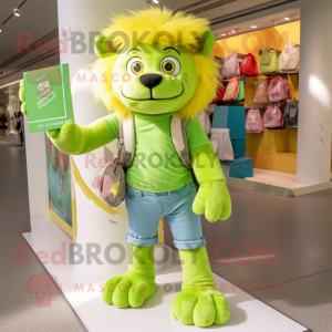 Lime Green Lion mascot costume character dressed with a Denim Shorts and Wallets