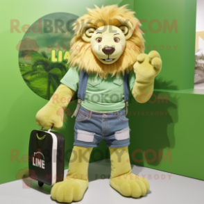 Lime Green Lion mascot costume character dressed with a Denim Shorts and Wallets