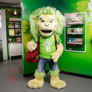 Lime Green Lion mascot costume character dressed with a Denim Shorts and Wallets