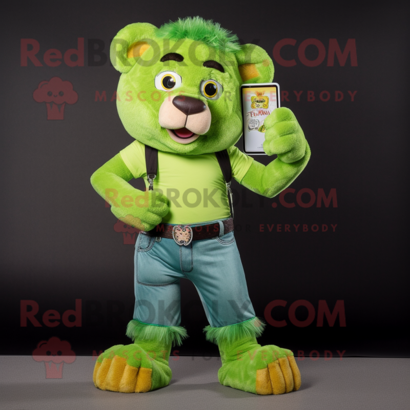 Lime Green Lion mascot costume character dressed with a Denim Shorts and Wallets Lime Green Lion mascot costume character dressed with a Denim Shorts and Wallets
