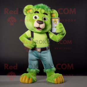 Lime Green Lion mascot costume character dressed with a Denim Shorts and Wallets