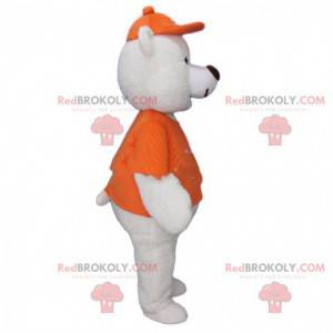 Mascote grande urso branco vestido de laranja com um boné -