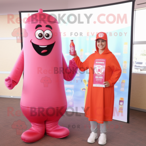 Pink Bottle Of Ketchup mascot costume character dressed with a Long Sleeve Tee and Watches